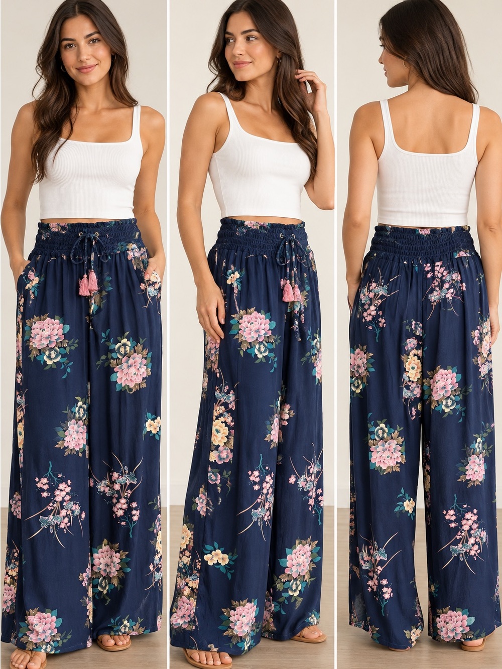 one 5 one Navy Floral Wide-Leg Smocked Waist Pants with Pink Tassels M